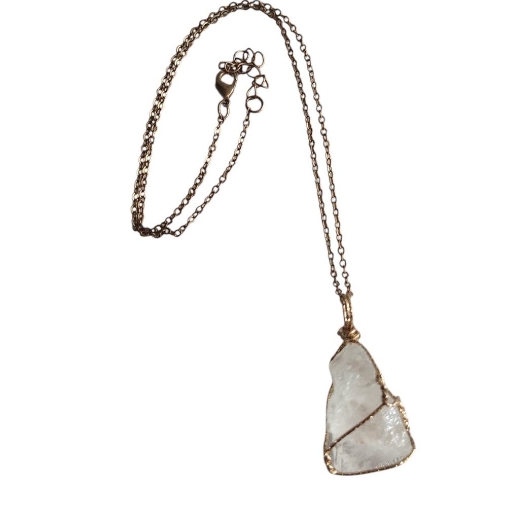 Wire Wrapped Raw Quartz Necklace Gold Tone 20" White Stone Natural Boho Witchy